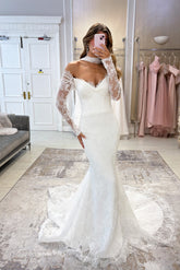 Fabulous White Mermaid V-Neck Strapless Lace Off-The-Shoulder Long Sleeves Chapel Train Wedding Dress